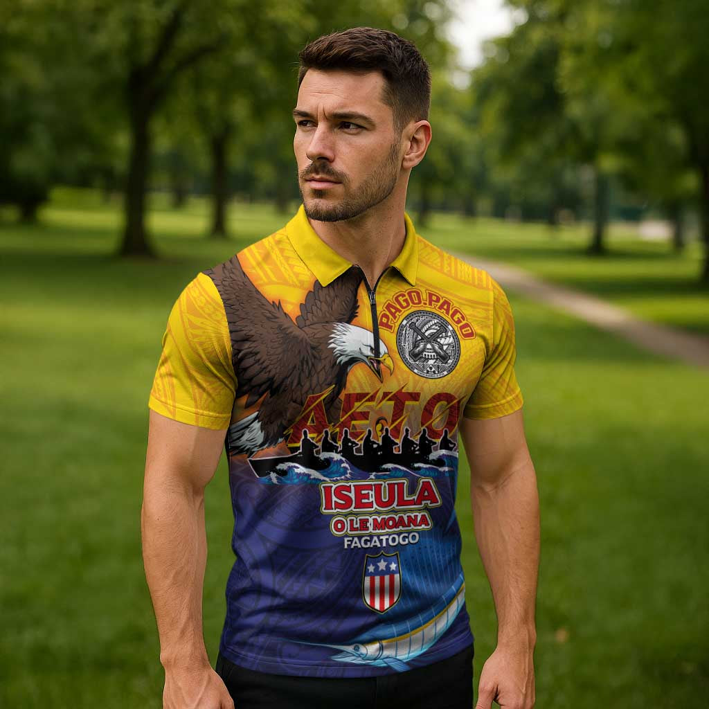 American Samoa Fautasi Zipper Polo Shirt Bald Eage and Sailfish with Kakau Motifs - Wonder Print Shop