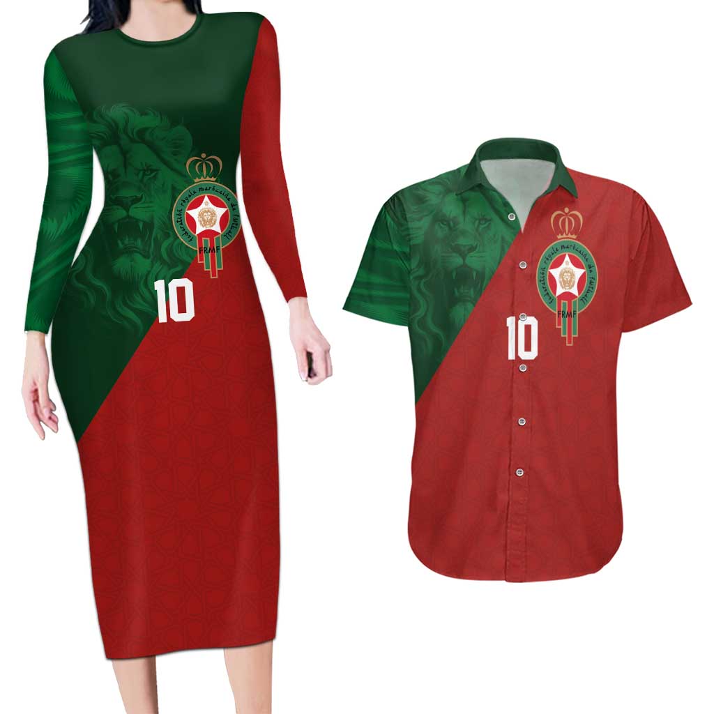 Custom Morocco National Football Couples Matching Long Sleeve Bodycon Dress and Hawaiian Shirt The Atlas Lions Spirit - Wonder Print Shop