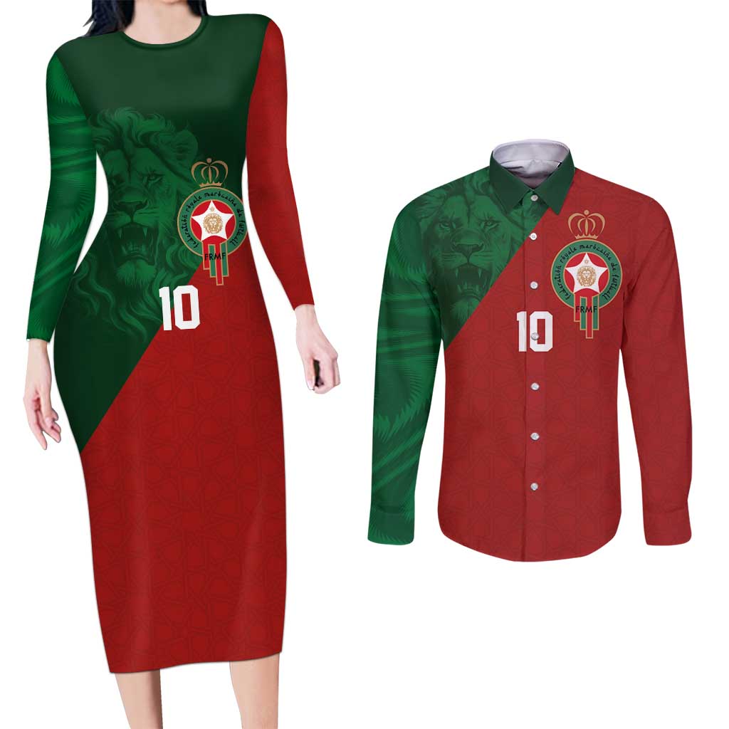 Custom Morocco National Football Couples Matching Long Sleeve Bodycon Dress and Long Sleeve Button Shirt The Atlas Lions Spirit - Wonder Print Shop