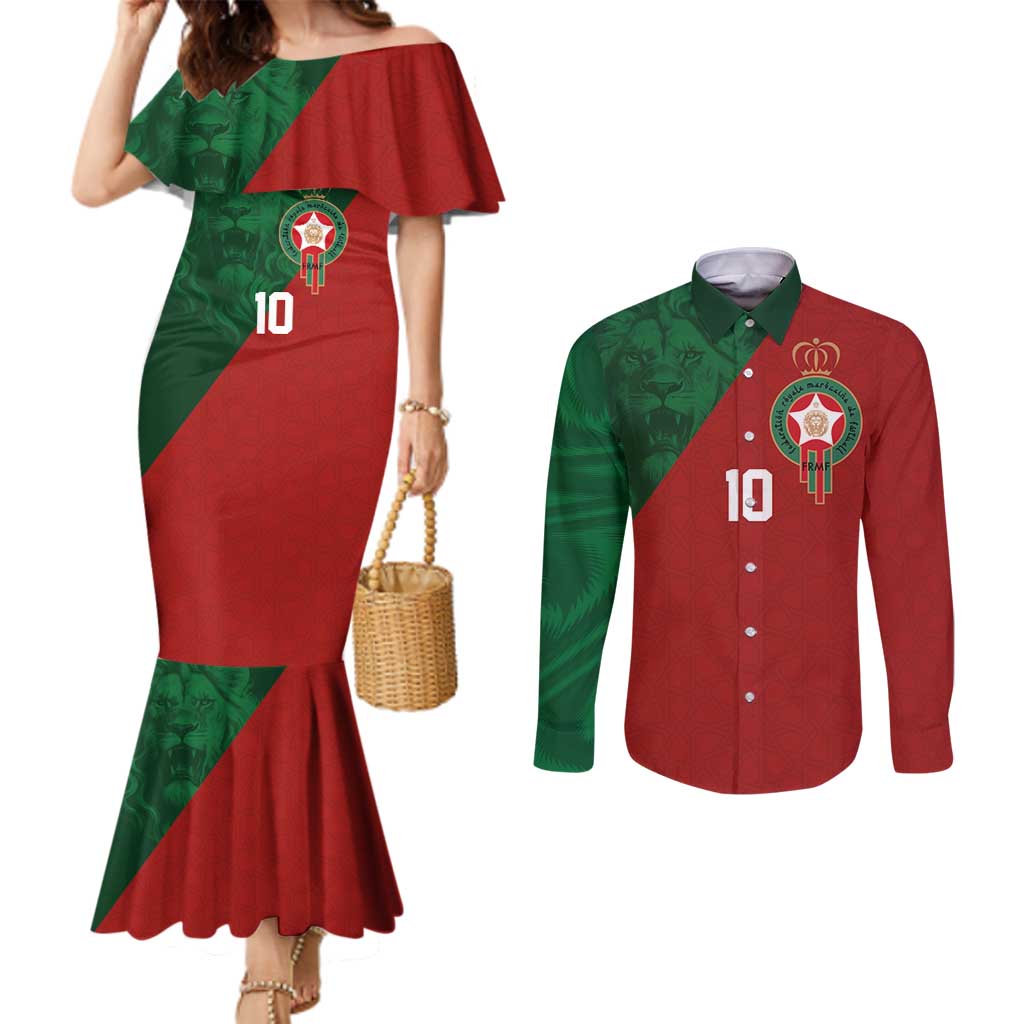 Custom Morocco National Football Couples Matching Mermaid Dress and Long Sleeve Button Shirt The Atlas Lions Spirit - Wonder Print Shop