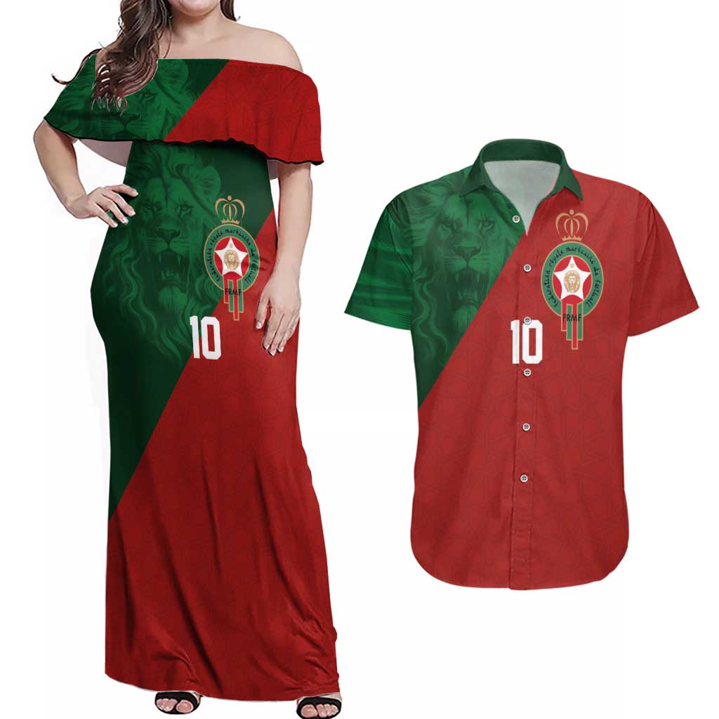 Custom Morocco National Football Couples Matching Off Shoulder Maxi Dress and Hawaiian Shirt The Atlas Lions Spirit - Wonder Print Shop