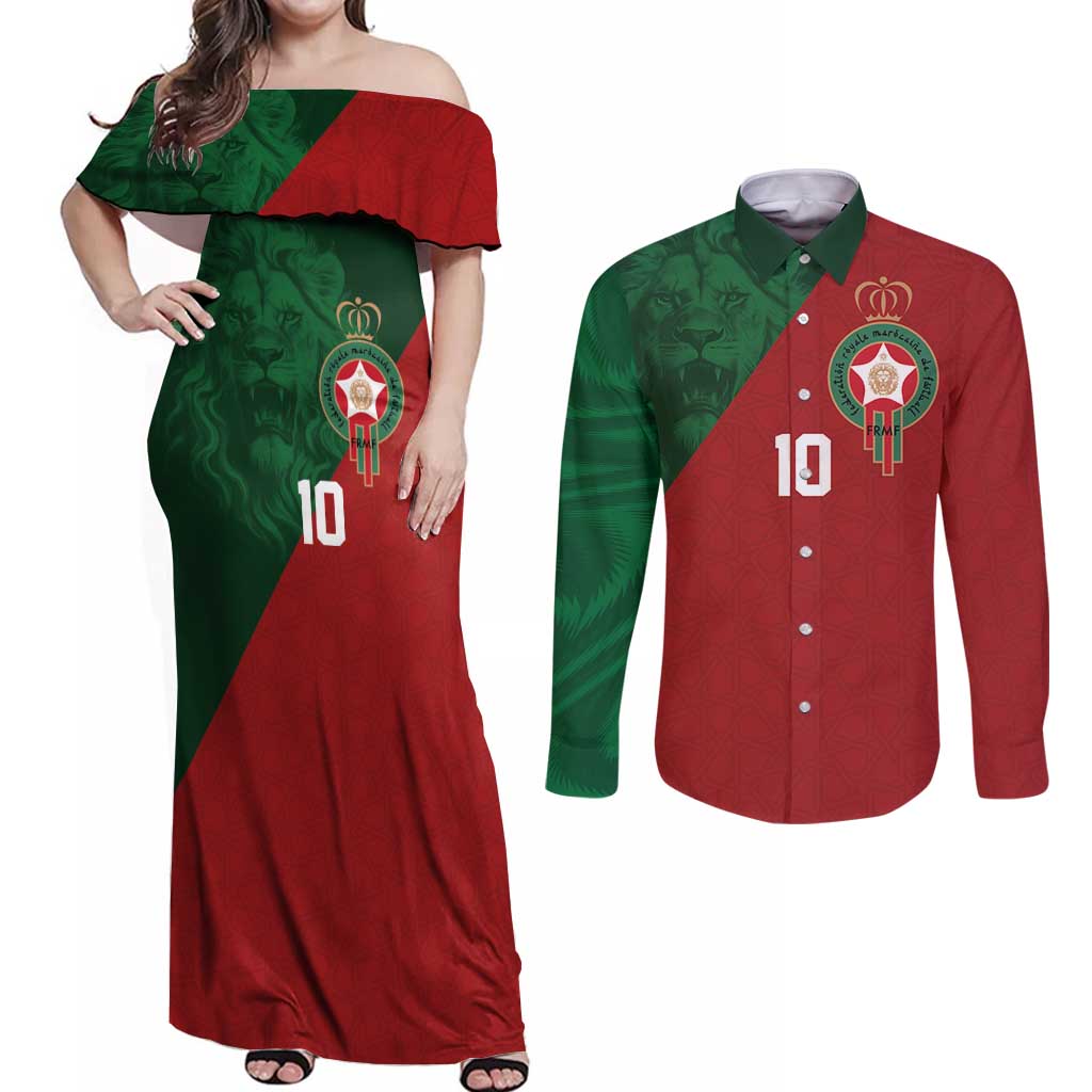 Custom Morocco National Football Couples Matching Off Shoulder Maxi Dress and Long Sleeve Button Shirt The Atlas Lions Spirit - Wonder Print Shop