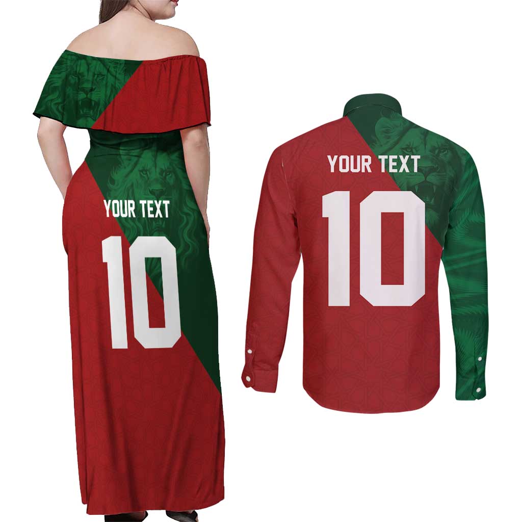 Custom Morocco National Football Couples Matching Off Shoulder Maxi Dress and Long Sleeve Button Shirt The Atlas Lions Spirit - Wonder Print Shop