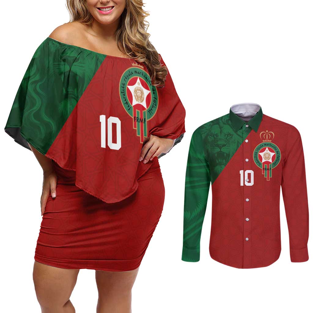 Custom Morocco National Football Couples Matching Off Shoulder Short Dress and Long Sleeve Button Shirt The Atlas Lions Spirit - Wonder Print Shop