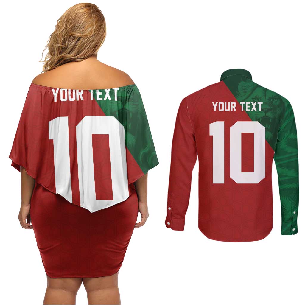 Custom Morocco National Football Couples Matching Off Shoulder Short Dress and Long Sleeve Button Shirt The Atlas Lions Spirit - Wonder Print Shop