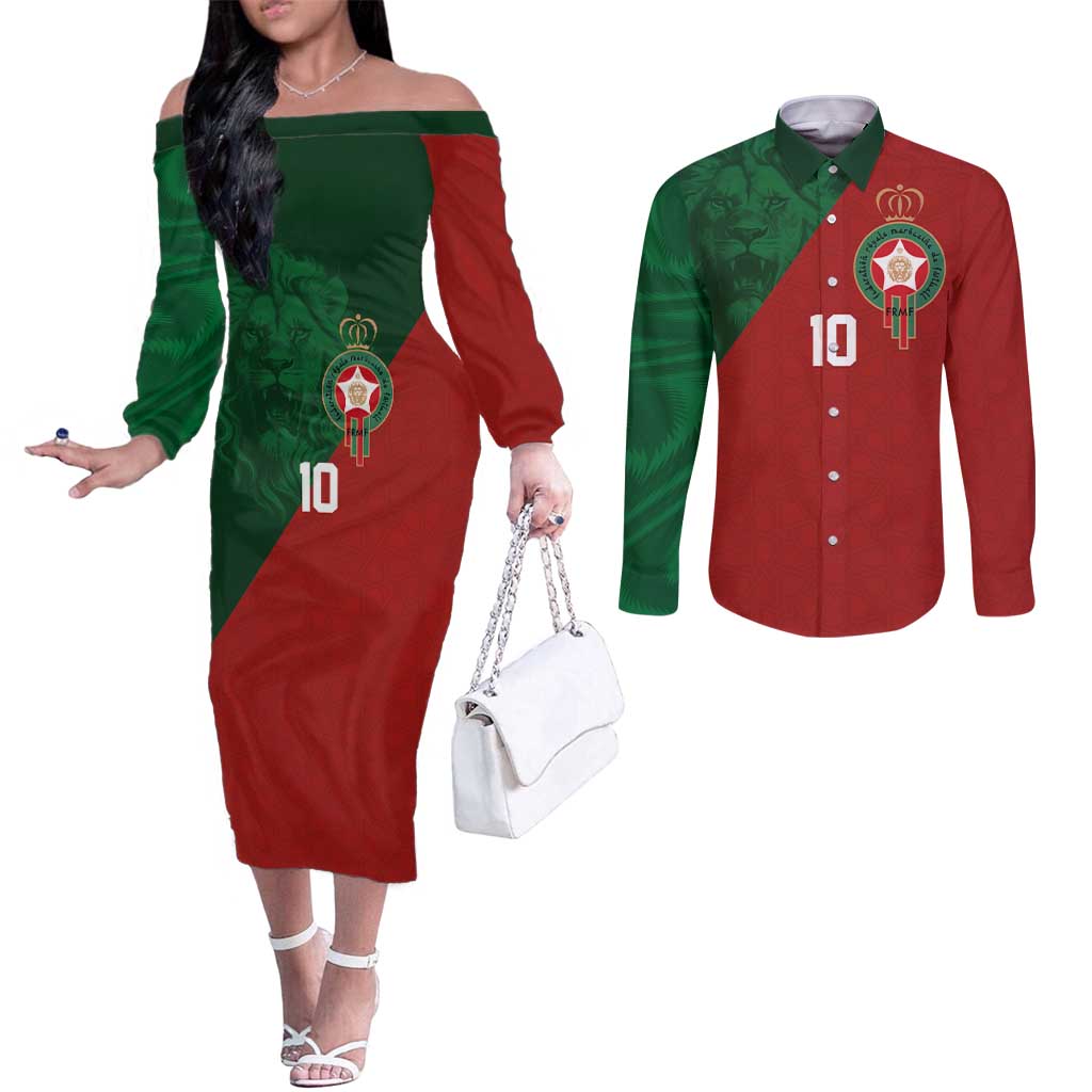 Custom Morocco National Football Couples Matching Off The Shoulder Long Sleeve Dress and Long Sleeve Button Shirt The Atlas Lions Spirit - Wonder Print Shop