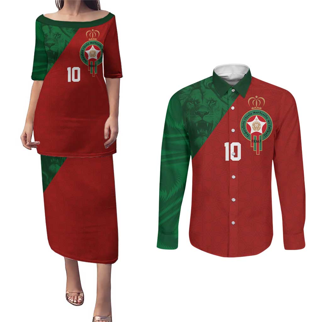 Custom Morocco National Football Couples Matching Puletasi and Long Sleeve Button Shirt The Atlas Lions Spirit - Wonder Print Shop