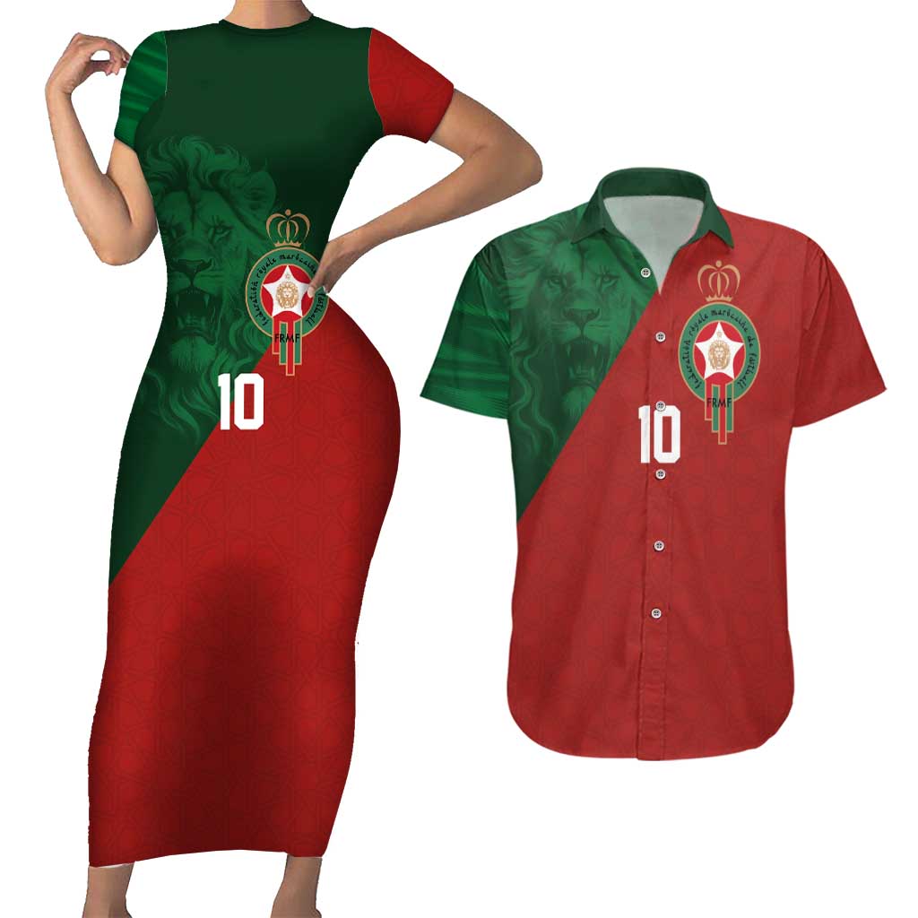 Custom Morocco National Football Couples Matching Short Sleeve Bodycon Dress and Hawaiian Shirt The Atlas Lions Spirit - Wonder Print Shop