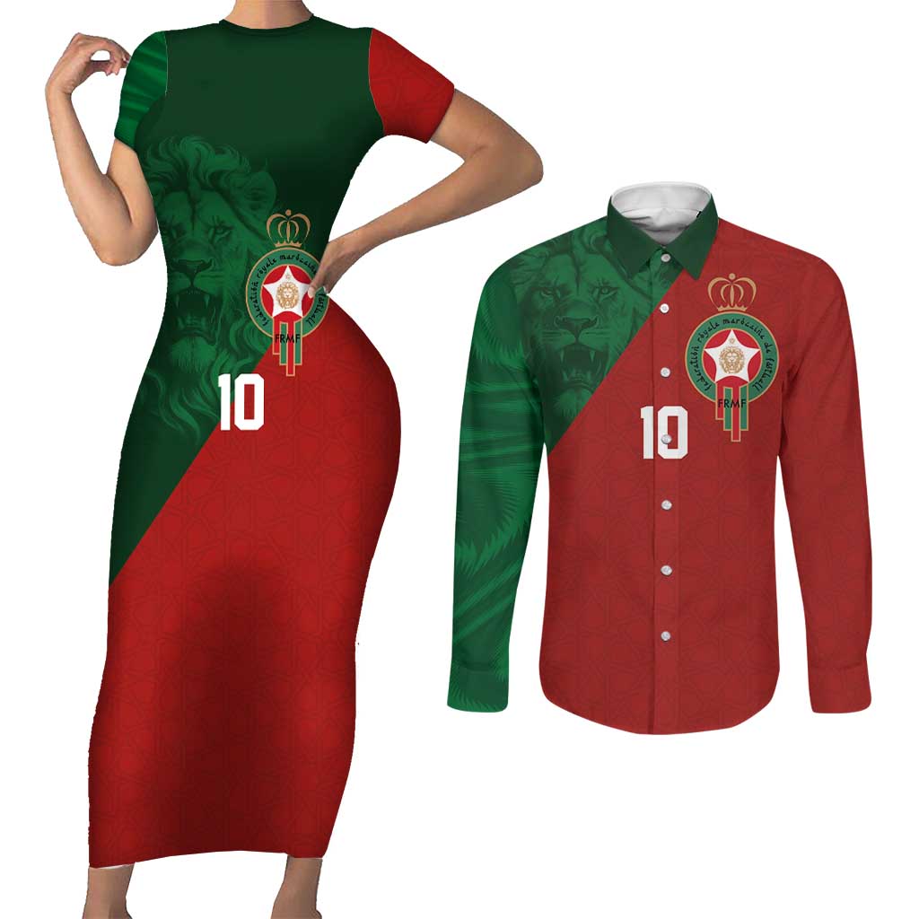 Custom Morocco National Football Couples Matching Short Sleeve Bodycon Dress and Long Sleeve Button Shirt The Atlas Lions Spirit - Wonder Print Shop