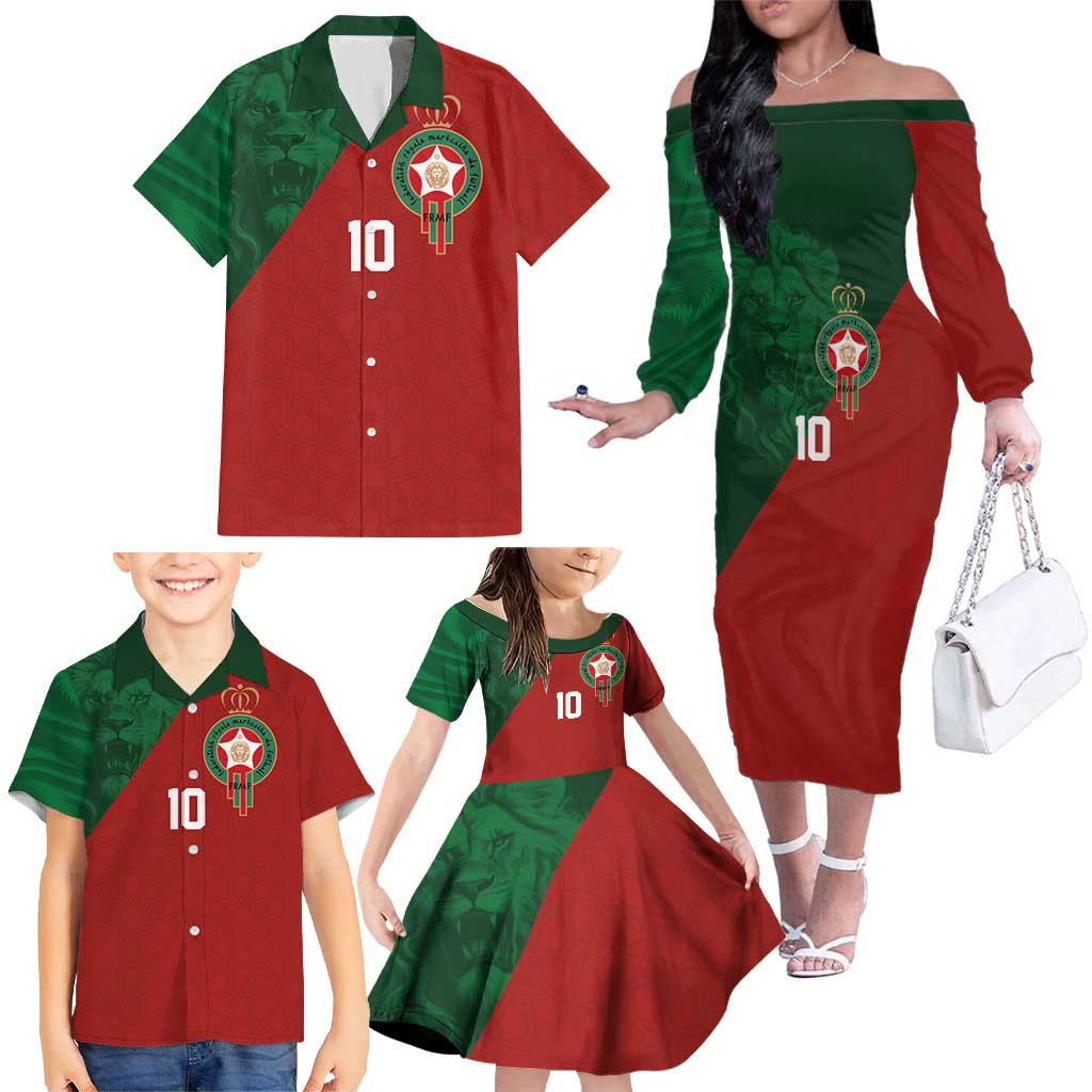 Custom Morocco National Football Family Matching Off The Shoulder Long Sleeve Dress and Hawaiian Shirt The Atlas Lions Spirit - Wonder Print Shop