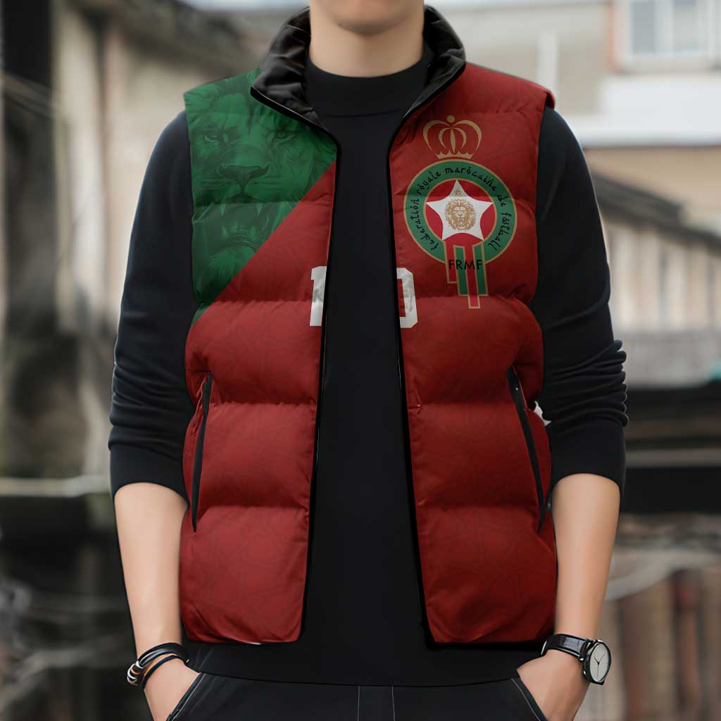Custom Morocco National Football Sleeveless Puffer Jacket The Atlas Lions Spirit - Wonder Print Shop