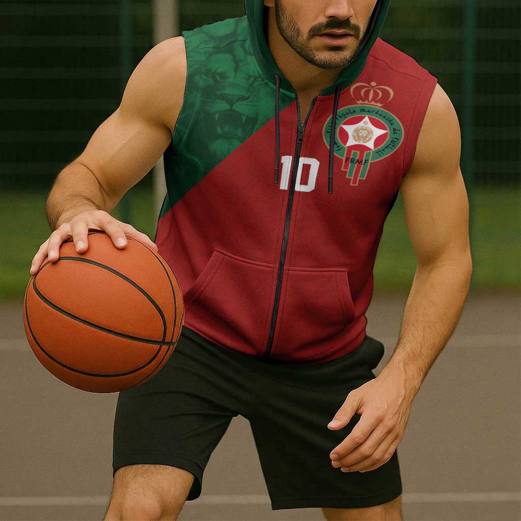Custom Morocco National Football Sleeveless Zip Hoodie The Atlas Lions Spirit - Wonder Print Shop