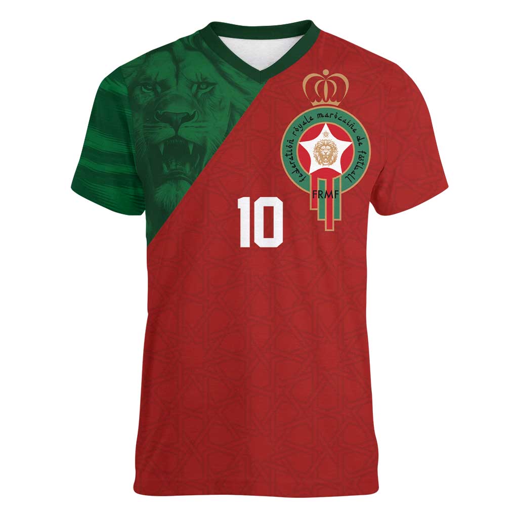 Custom Morocco National Football Women V-Neck T-Shirt The Atlas Lions Spirit - Wonder Print Shop