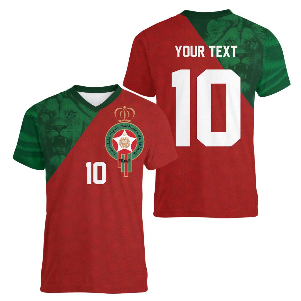 Custom Morocco National Football Women V-Neck T-Shirt The Atlas Lions Spirit - Wonder Print Shop