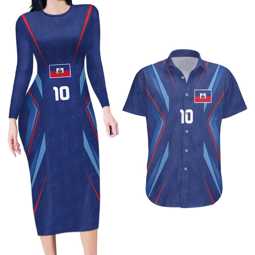 Custom Haiti National Football Couples Matching Long Sleeve Bodycon Dress and Hawaiian Shirt Sporty Style - Wonder Print Shop