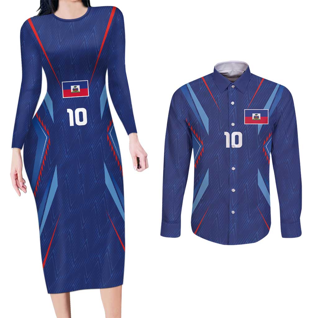 Custom Haiti National Football Couples Matching Long Sleeve Bodycon Dress and Long Sleeve Button Shirt Sporty Style - Wonder Print Shop