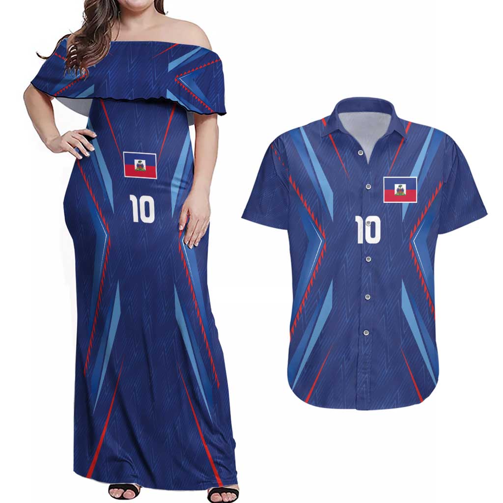 Custom Haiti National Football Couples Matching Off Shoulder Maxi Dress and Hawaiian Shirt Sporty Style - Wonder Print Shop
