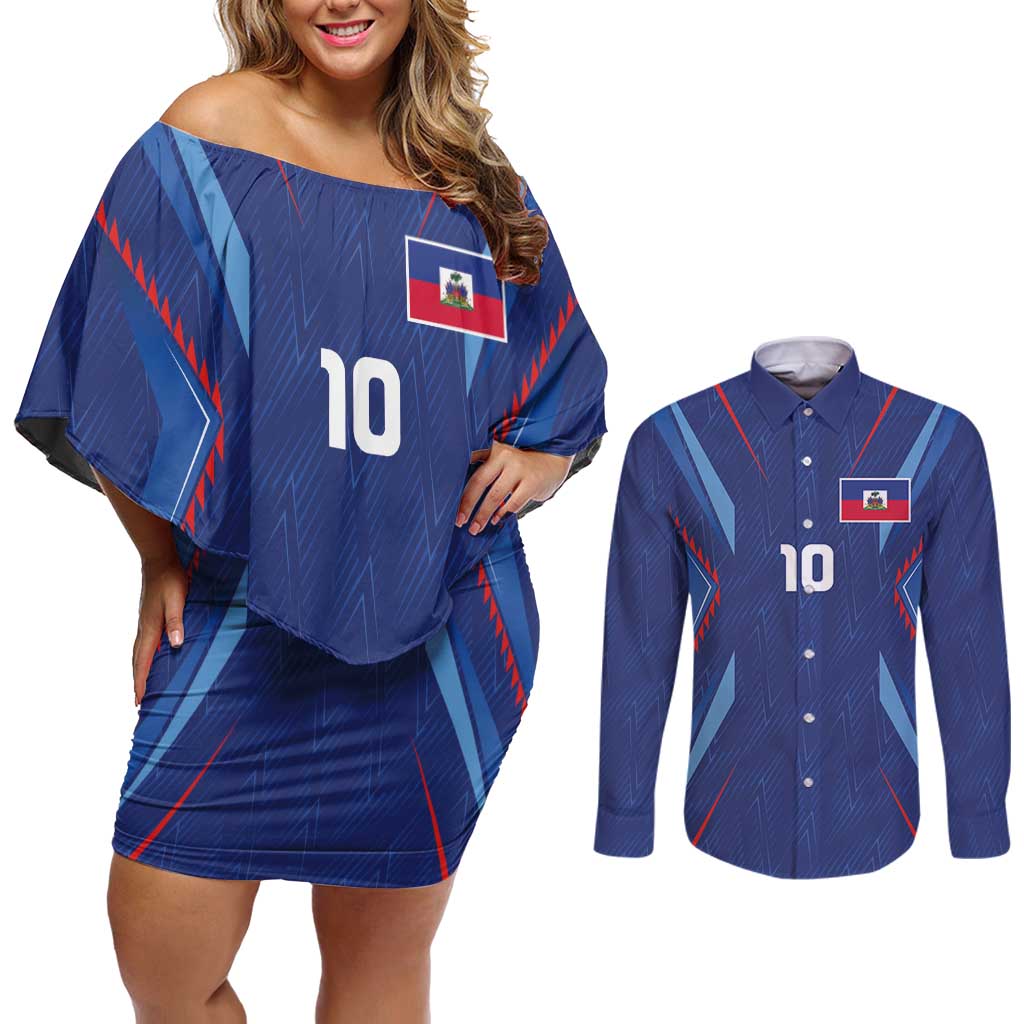Custom Haiti National Football Couples Matching Off Shoulder Short Dress and Long Sleeve Button Shirt Sporty Style - Wonder Print Shop
