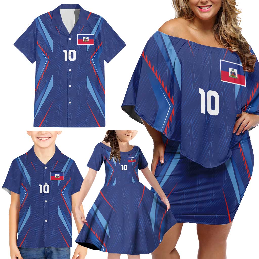 Custom Haiti National Football Family Matching Off Shoulder Short Dress and Hawaiian Shirt Sporty Style - Wonder Print Shop