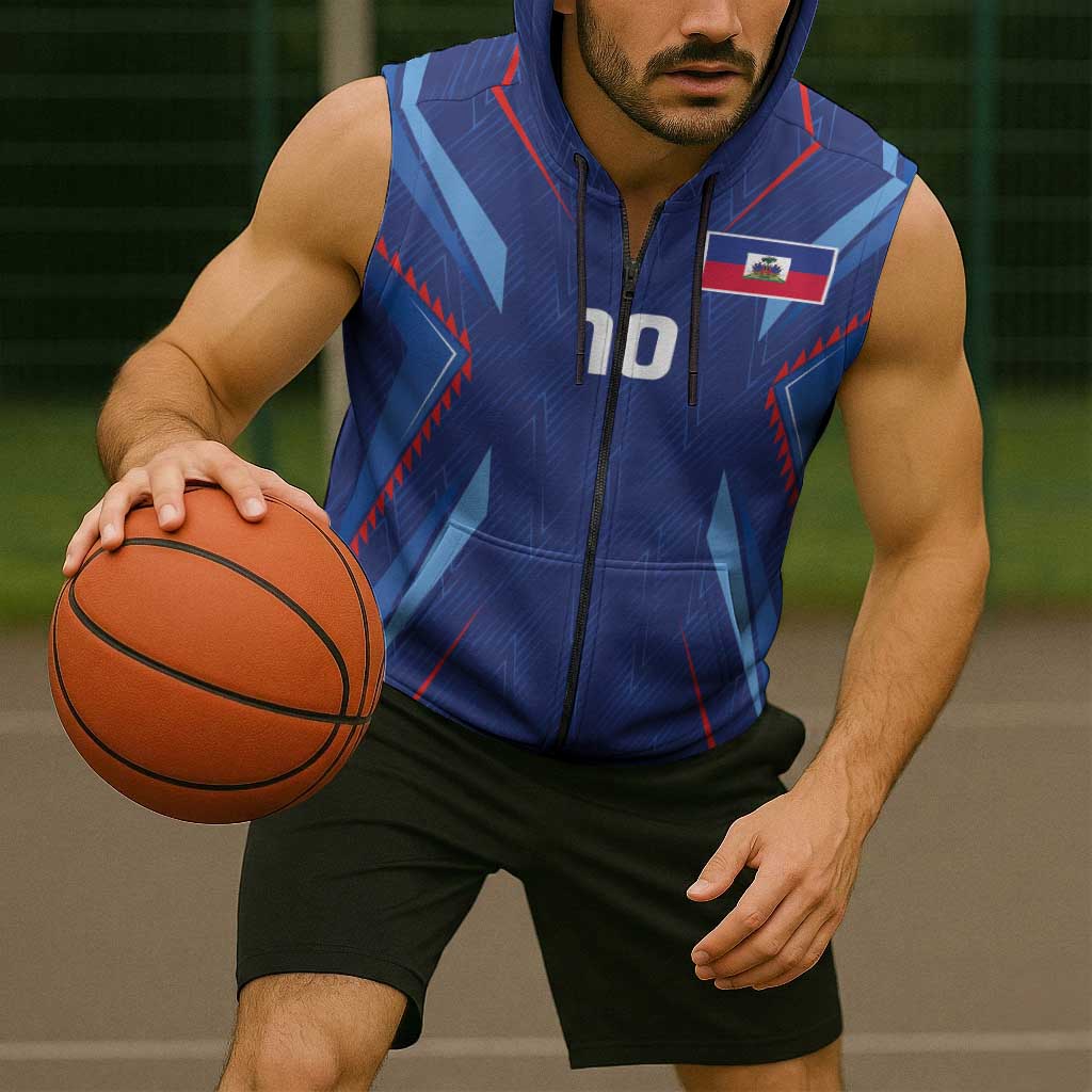 Custom Haiti National Football Sleeveless Zip Hoodie Sporty Style - Wonder Print Shop