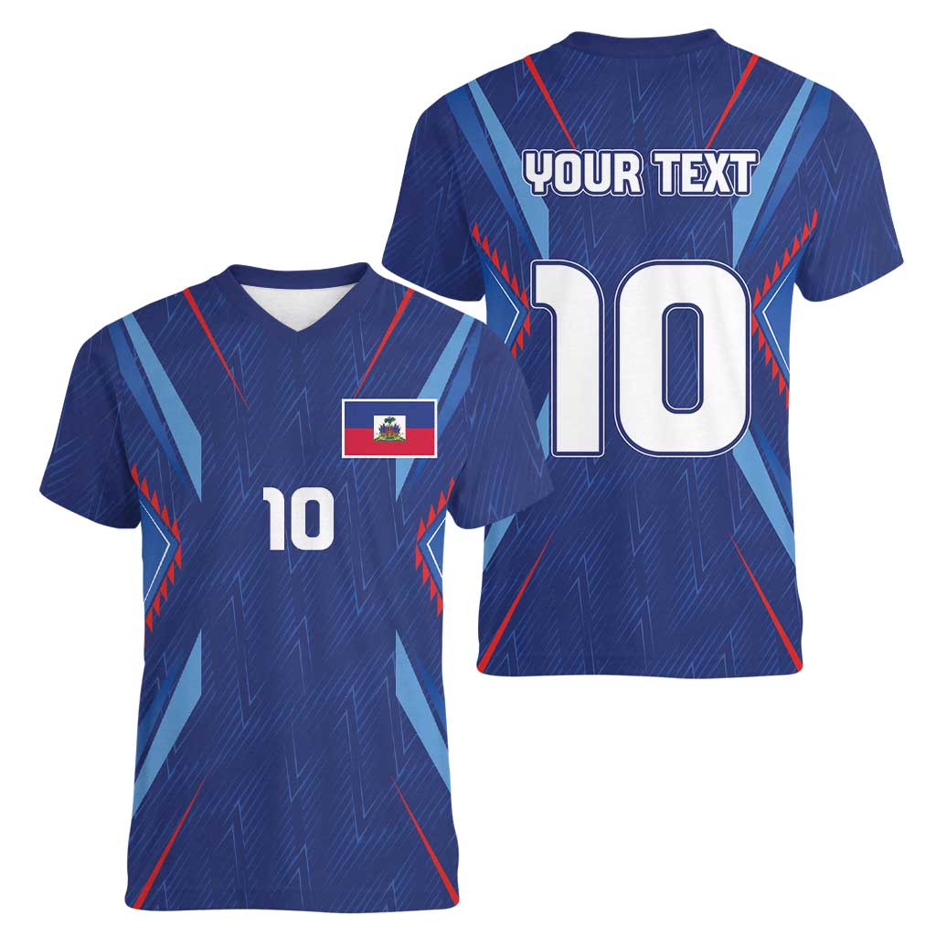 Custom Haiti National Football Women V-Neck T-Shirt Sporty Style - Wonder Print Shop