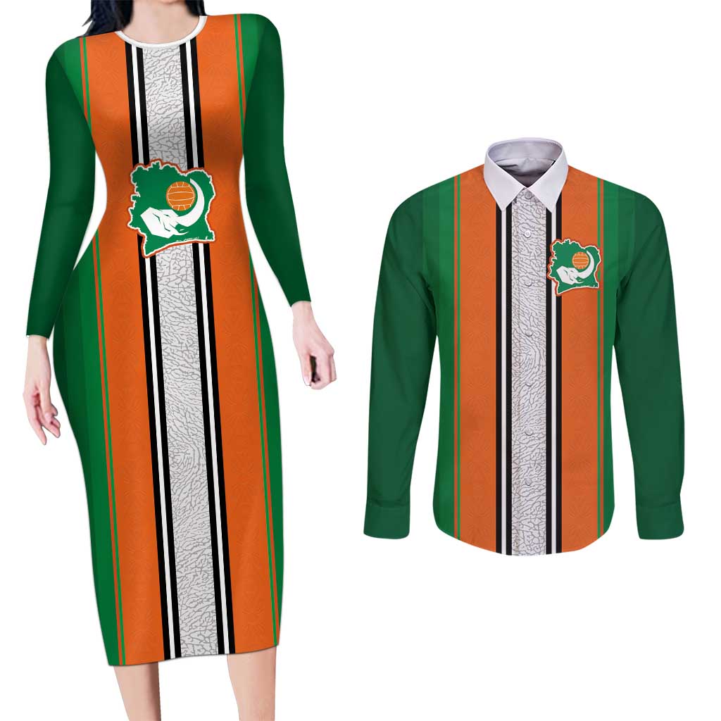 Custom Ivory Coast National Football Couples Matching Long Sleeve Bodycon Dress and Long Sleeve Button Shirt Les Elephants-Striped Sport Style - Wonder Print Shop