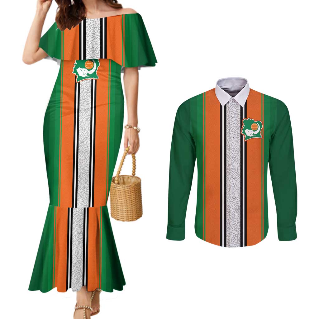 Custom Ivory Coast National Football Couples Matching Mermaid Dress and Long Sleeve Button Shirt Les Elephants-Striped Sport Style - Wonder Print Shop
