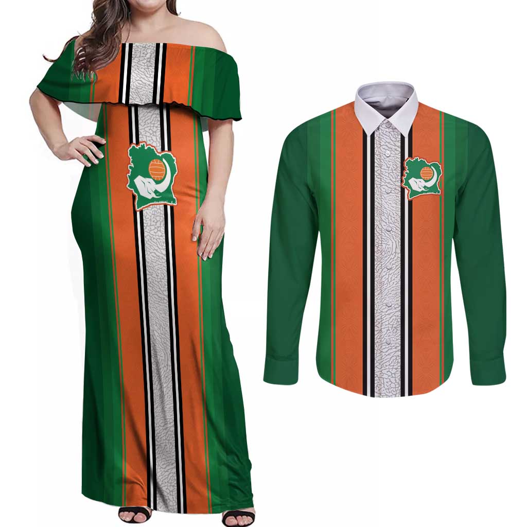 Custom Ivory Coast National Football Couples Matching Off Shoulder Maxi Dress and Long Sleeve Button Shirt Les Elephants-Striped Sport Style - Wonder Print Shop