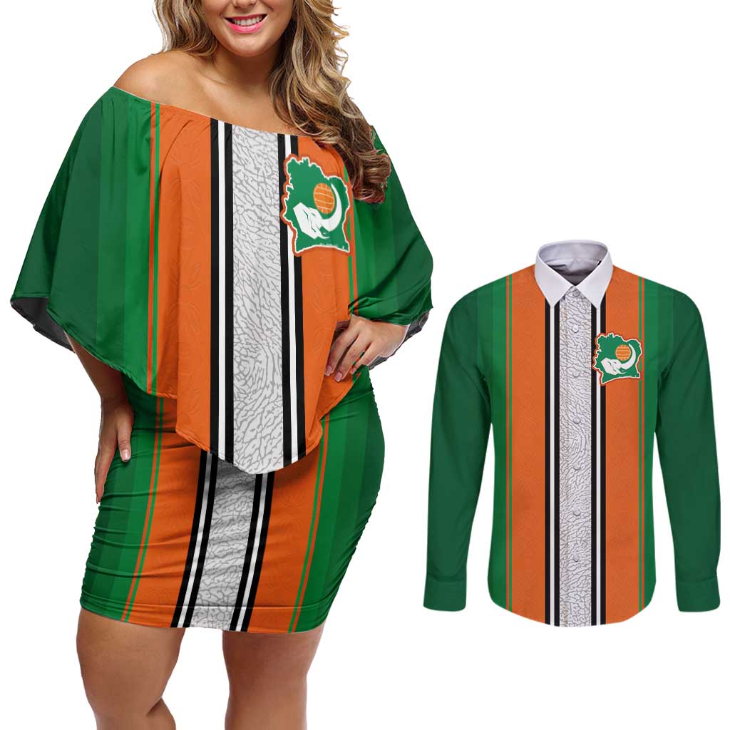 Custom Ivory Coast National Football Couples Matching Off Shoulder Short Dress and Long Sleeve Button Shirt Les Elephants-Striped Sport Style - Wonder Print Shop