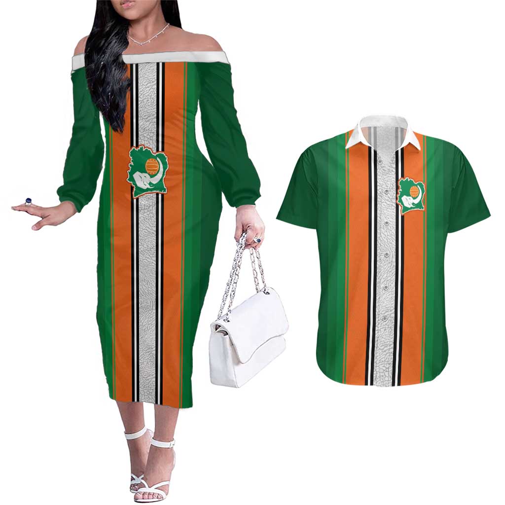 Custom Ivory Coast National Football Couples Matching Off The Shoulder Long Sleeve Dress and Hawaiian Shirt Les Elephants-Striped Sport Style - Wonder Print Shop