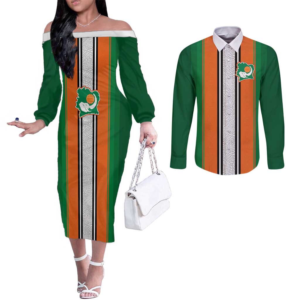 Custom Ivory Coast National Football Couples Matching Off The Shoulder Long Sleeve Dress and Long Sleeve Button Shirt Les Elephants-Striped Sport Style - Wonder Print Shop