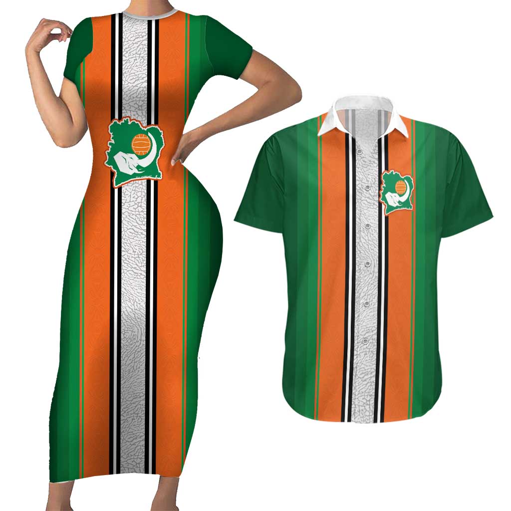 Custom Ivory Coast National Football Couples Matching Short Sleeve Bodycon Dress and Hawaiian Shirt Les Elephants-Striped Sport Style - Wonder Print Shop