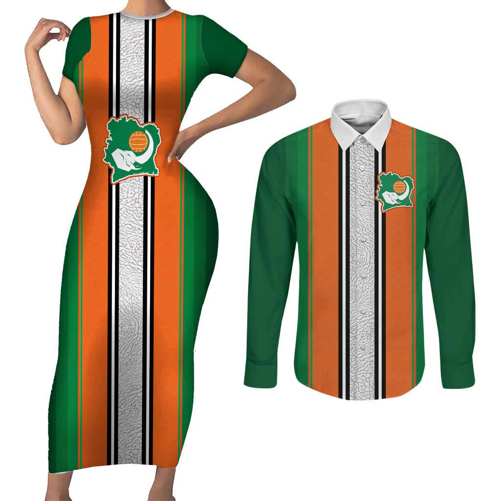 Custom Ivory Coast National Football Couples Matching Short Sleeve Bodycon Dress and Long Sleeve Button Shirt Les Elephants-Striped Sport Style - Wonder Print Shop