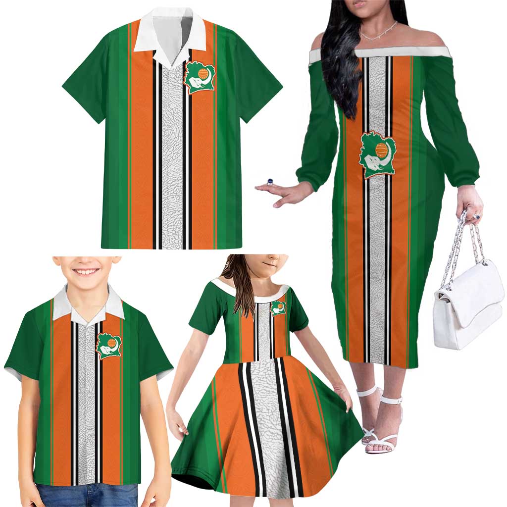 Custom Ivory Coast National Football Family Matching Off The Shoulder Long Sleeve Dress and Hawaiian Shirt Les Elephants-Striped Sport Style - Wonder Print Shop
