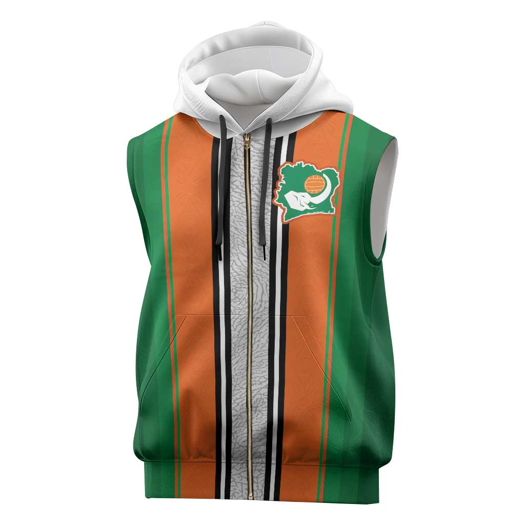 Custom Ivory Coast National Football Sleeveless Zip Hoodie Les Elephants-Striped Sport Style - Wonder Print Shop