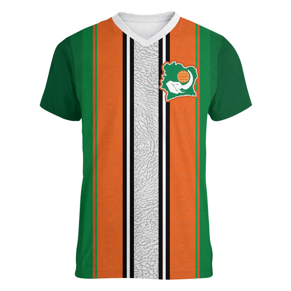 Custom Ivory Coast National Football Women V-Neck T-Shirt Les Elephants-Striped Sport Style - Wonder Print Shop