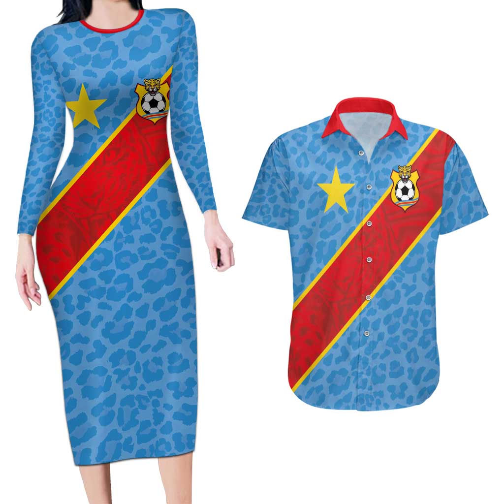 Custom DR Congo National Football Couples Matching Long Sleeve Bodycon Dress and Hawaiian Shirt Leopards Power - Wonder Print Shop