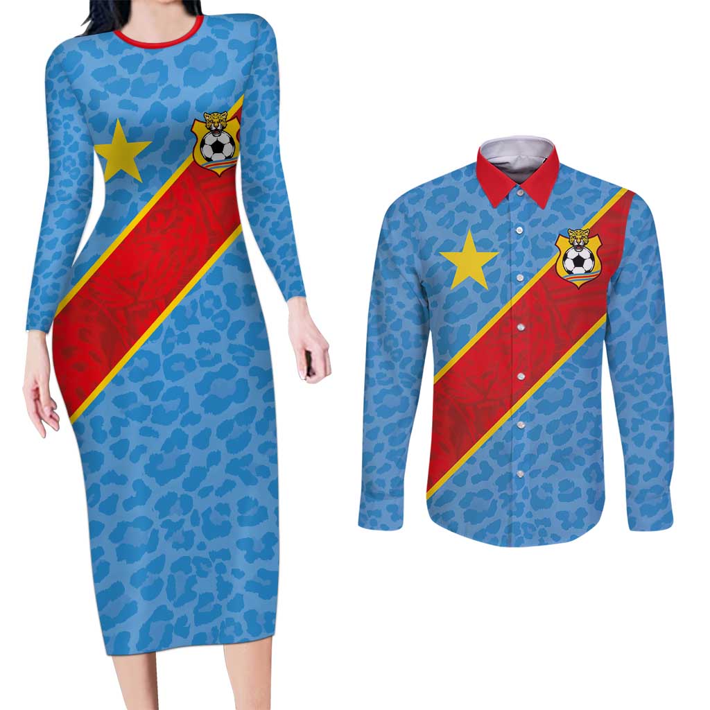 Custom DR Congo National Football Couples Matching Long Sleeve Bodycon Dress and Long Sleeve Button Shirt Leopards Power - Wonder Print Shop