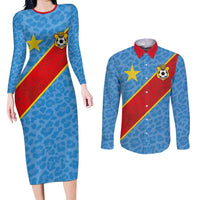 Custom DR Congo National Football Couples Matching Long Sleeve Bodycon Dress and Long Sleeve Button Shirt Leopards Power - Wonder Print Shop