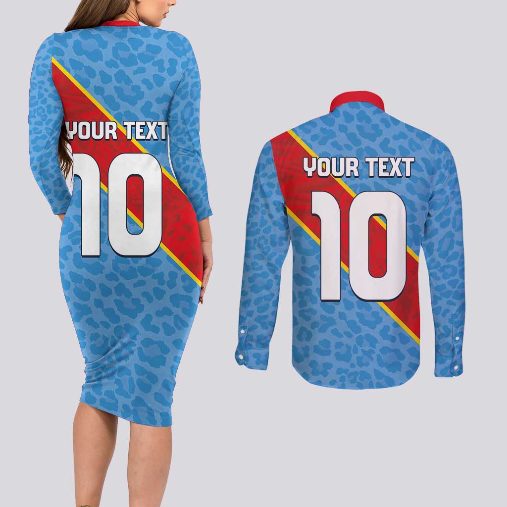 Custom DR Congo National Football Couples Matching Long Sleeve Bodycon Dress and Long Sleeve Button Shirt Leopards Power - Wonder Print Shop