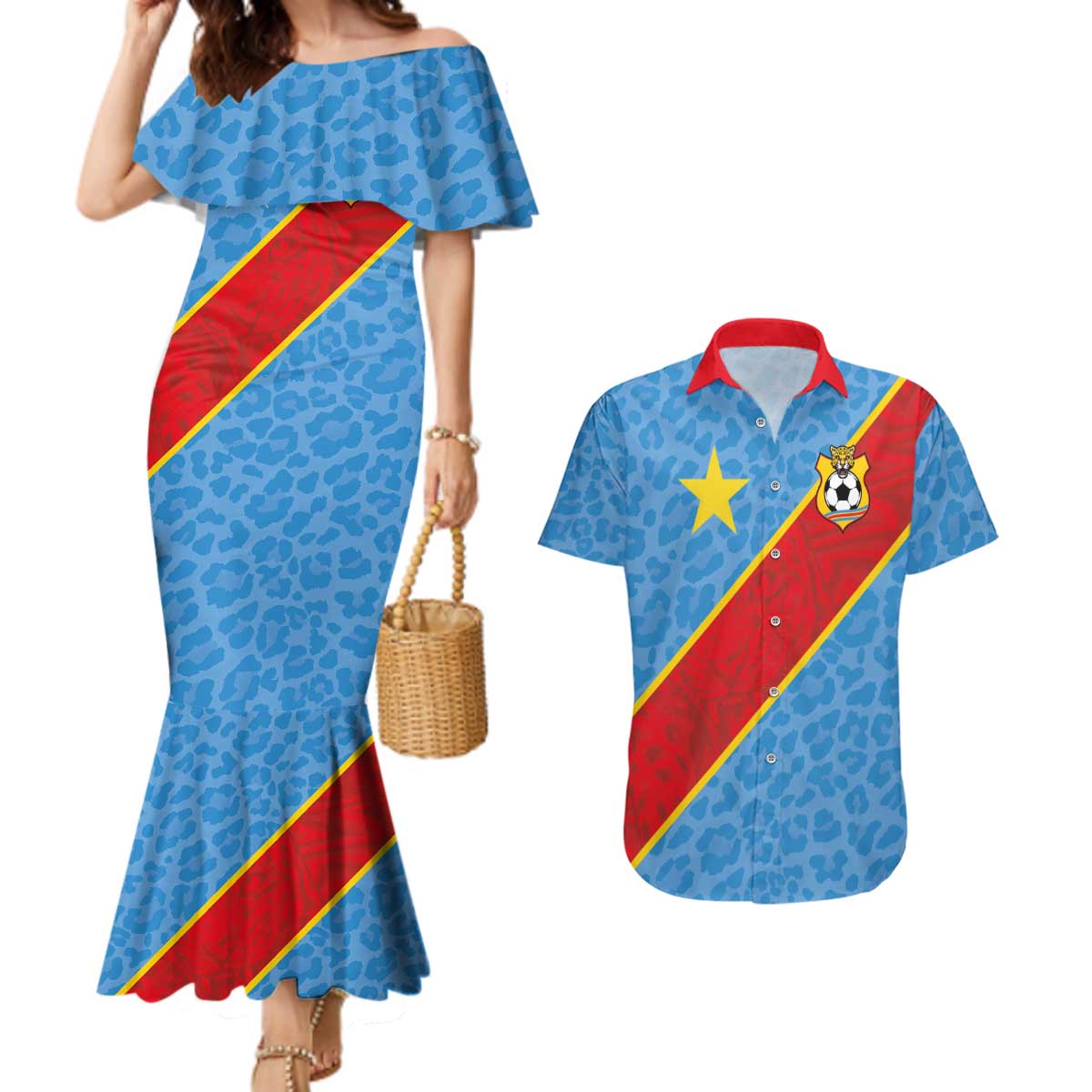 Custom DR Congo National Football Couples Matching Mermaid Dress and Hawaiian Shirt Leopards Power - Wonder Print Shop