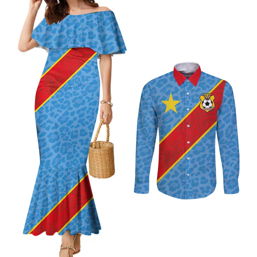 Custom DR Congo National Football Couples Matching Mermaid Dress and Long Sleeve Button Shirt Leopards Power - Wonder Print Shop
