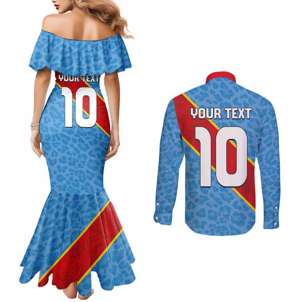 Custom DR Congo National Football Couples Matching Mermaid Dress and Long Sleeve Button Shirt Leopards Power - Wonder Print Shop