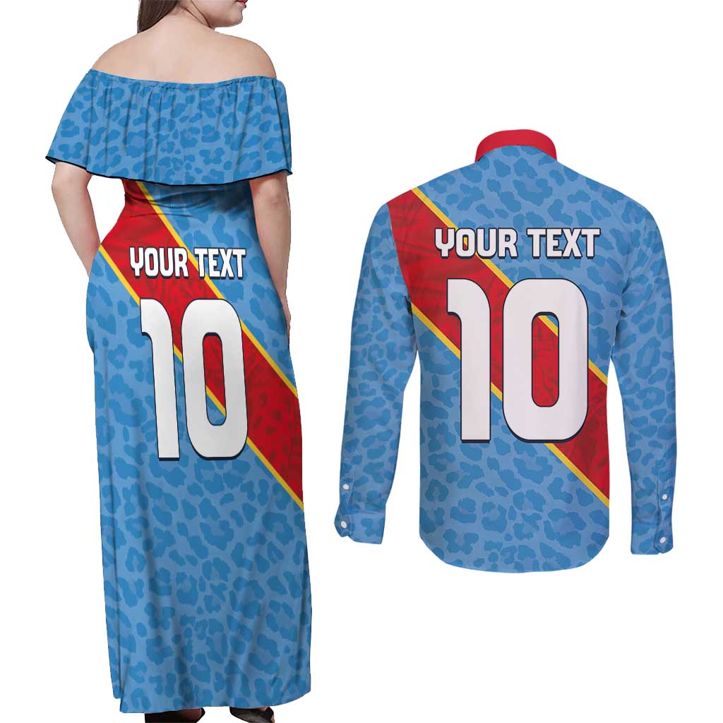 Custom DR Congo National Football Couples Matching Off Shoulder Maxi Dress and Long Sleeve Button Shirt Leopards Power - Wonder Print Shop