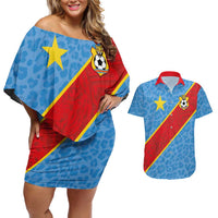 Custom DR Congo National Football Couples Matching Off Shoulder Short Dress and Hawaiian Shirt Leopards Power - Wonder Print Shop