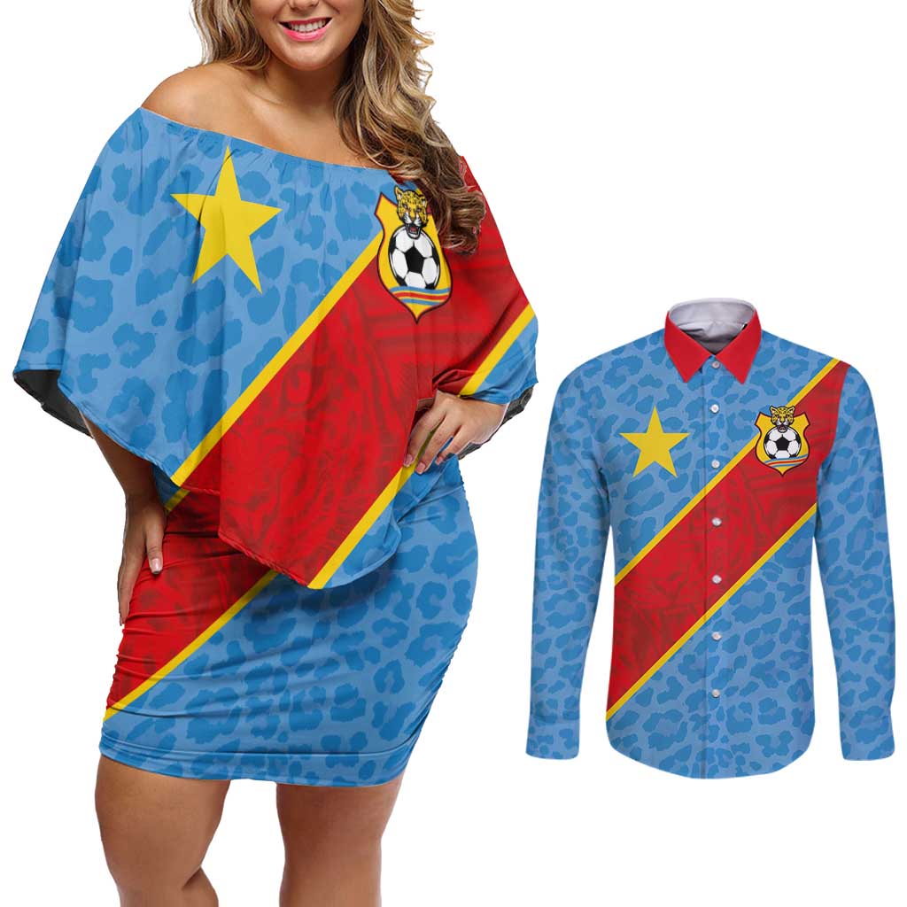Custom DR Congo National Football Couples Matching Off Shoulder Short Dress and Long Sleeve Button Shirt Leopards Power - Wonder Print Shop