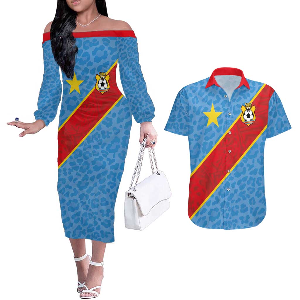 Custom DR Congo National Football Couples Matching Off The Shoulder Long Sleeve Dress and Hawaiian Shirt Leopards Power - Wonder Print Shop