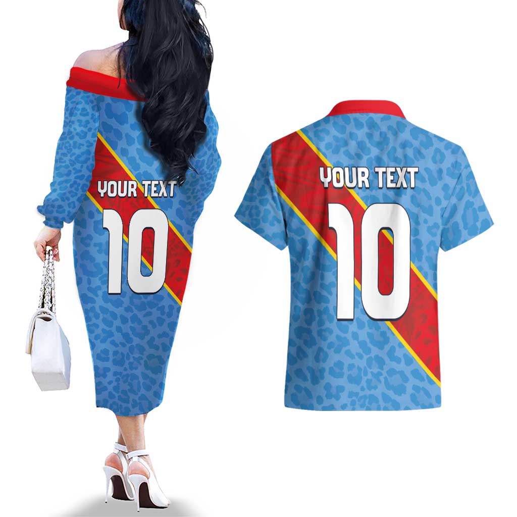 Custom DR Congo National Football Couples Matching Off The Shoulder Long Sleeve Dress and Hawaiian Shirt Leopards Power - Wonder Print Shop