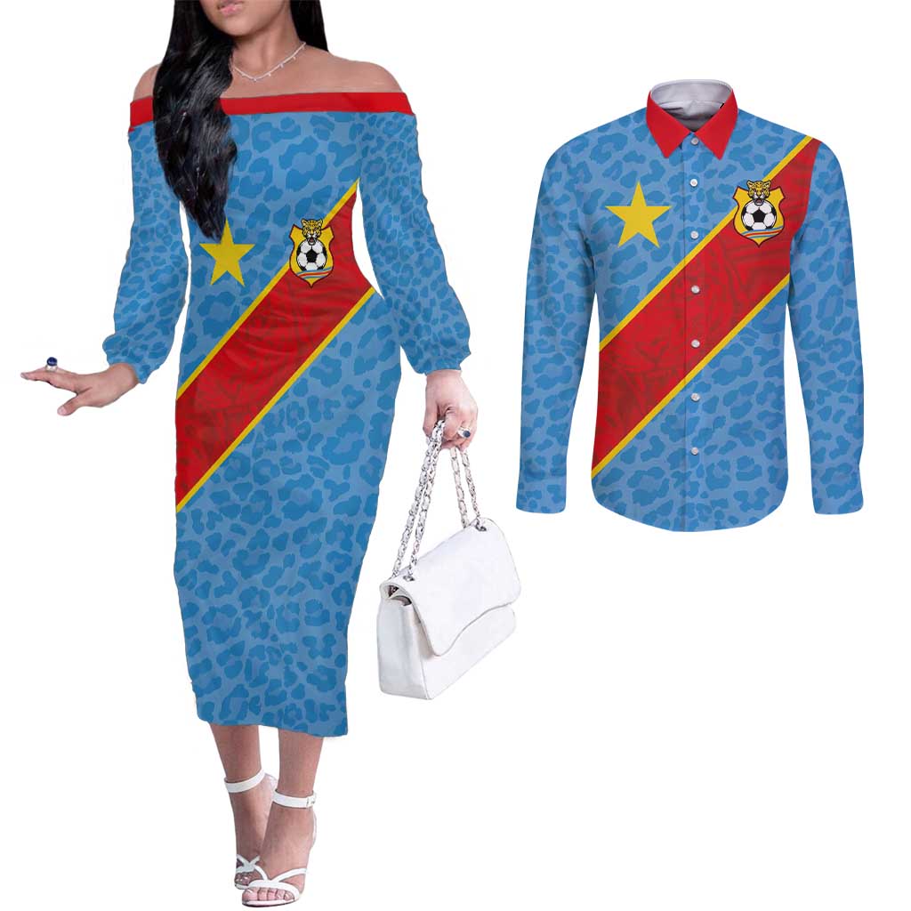Custom DR Congo National Football Couples Matching Off The Shoulder Long Sleeve Dress and Long Sleeve Button Shirt Leopards Power - Wonder Print Shop