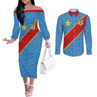 Custom DR Congo National Football Couples Matching Off The Shoulder Long Sleeve Dress and Long Sleeve Button Shirt Leopards Power - Wonder Print Shop